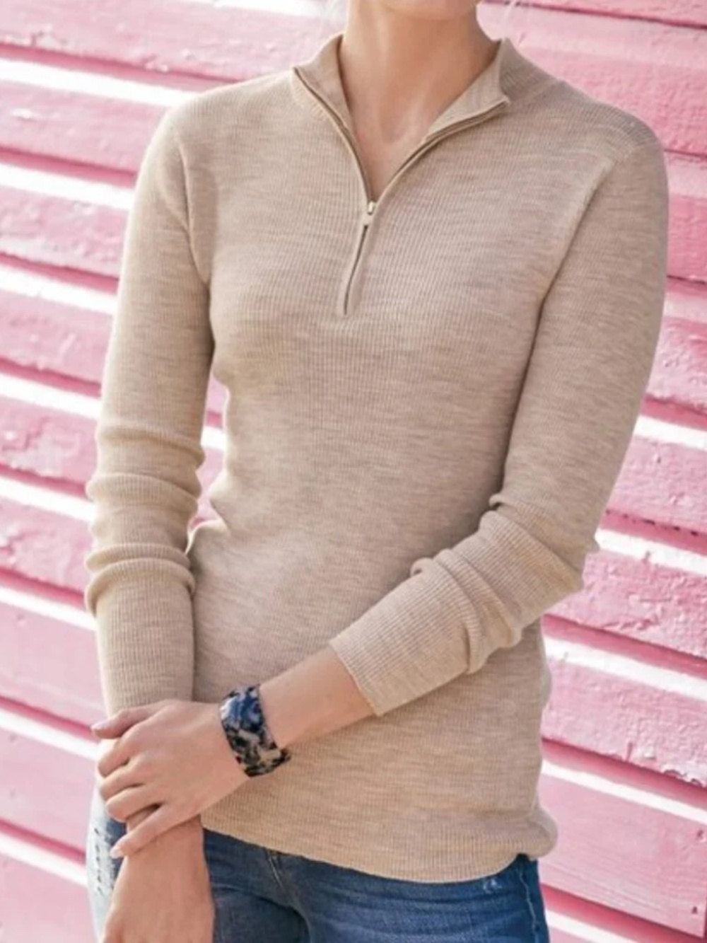 Soft Surroundings perfect turtleneck half zip tan ribbed 100% wool Size XS